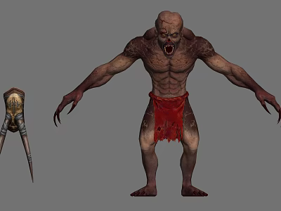 Muscular Monster Character With Sharp Teeth Clawed Hands And Tattered Red Loincloth 3d model