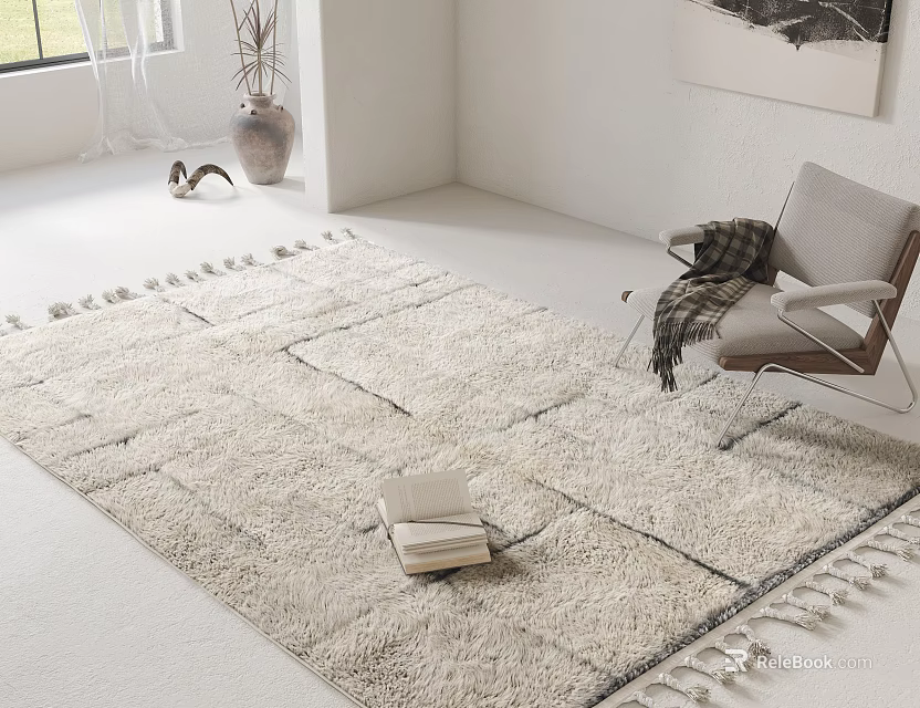 Ivory Square Rug With Geometric Pattern Tassels In White Room With Chair And Book On It 3d model 