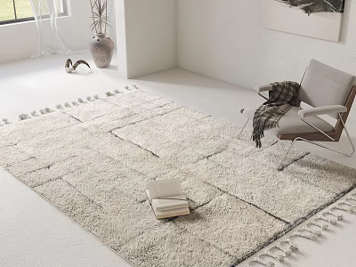 Ivory Square Rug With Geometric Pattern Tassels In White Room With Chair And Book On It 3d model