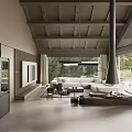 Serene Living Room Interior With Large Windows Woodland View Wooden Beam Ceiling And White Sofa