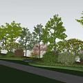 Diverse Tall Trees In Lush Garden With Green Lawn Stone Path And Shrubs