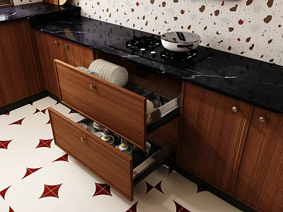 Cookware Organized in Open Drawers of Kitchen with Black Marble Countertop and Wooden Cabinets 3d model
