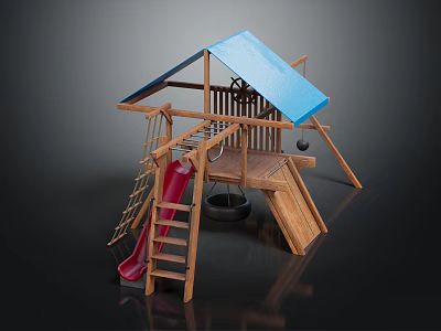 Children's Wooden Playground Equipment With Blue Roof Red Slide Swing And Climbing Net 3d model