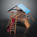 Children's Wooden Playground Equipment With Blue Roof Red Slide Swing And Climbing Net