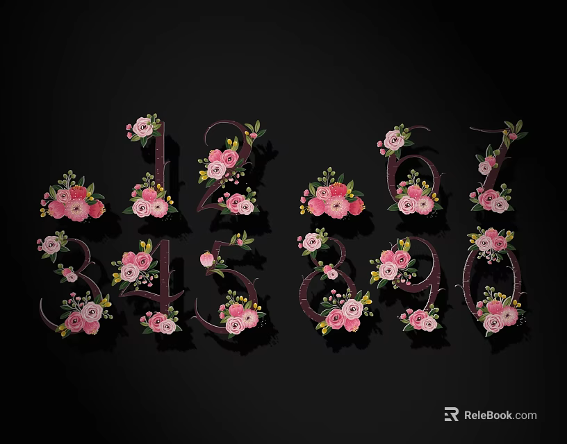Decorative Numbers Adorned With Pink Flowers And Green Leaves Design 3d model 