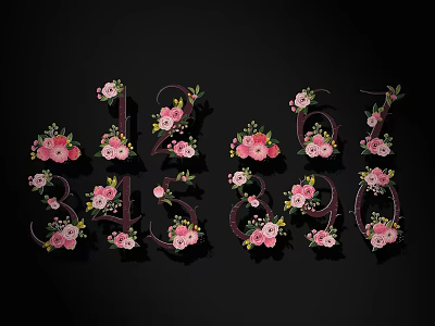 Decorative Numbers Adorned With Pink Flowers And Green Leaves Design 3d model