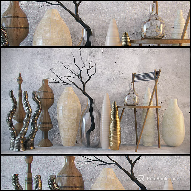 Decorative Vases Collection With Various Ceramic Glass Designs And Branch Decor On Display Shelf 3d model 