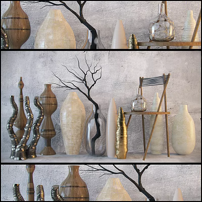 Decorative Vases Collection With Various Ceramic Glass Designs And Branch Decor On Display Shelf 3d model