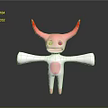 Pink And White Cartoon Character With Red Horns Blue Eyes And Circular Chest