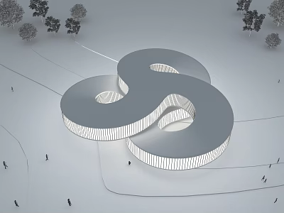 Unique Modern 8 Shaped Architectural Landmark Design With Surrounding Trees And Pedestrians 3d model