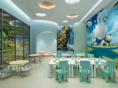 Kids Friendly Restaurant Interior With Cartoon Mural Light Blue White Decor Round Tables And Blue Chairs 3d model