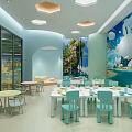Kids Friendly Restaurant Interior With Cartoon Mural Light Blue White Decor Round Tables And Blue Chairs
