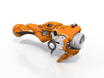 Futuristic Orange Weapon with Detailed Mechanical Structure and Ergonomic Grip Design 3d model
