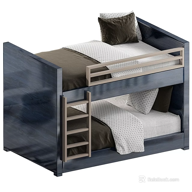 Dark Blue Wooden Frame Children's Bunk Bed With Ladder Mattresses And Patterned Sheets 3d model 