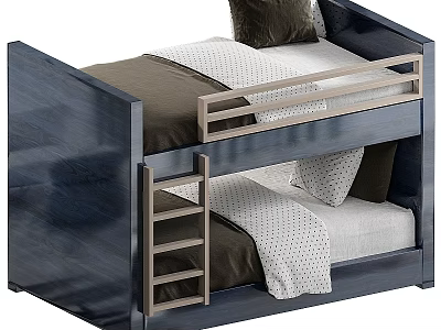 Dark Blue Wooden Frame Children's Bunk Bed With Ladder Mattresses And Patterned Sheets 3d model