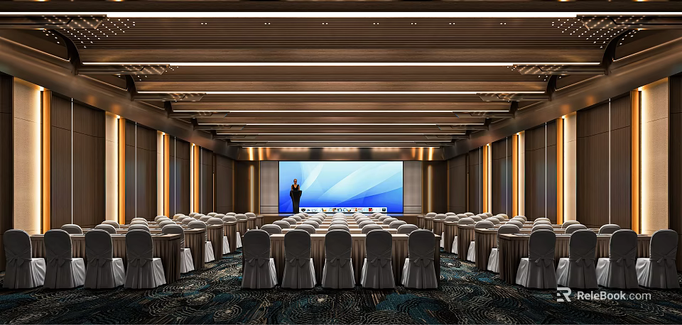 Modern Conference Room Interior With Rows Of Tables White Chair Covers And Large Screen 3d model 