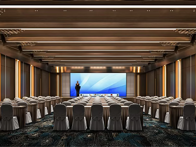 Modern Conference Room Interior With Rows Of Tables White Chair Covers And Large Screen 3d model