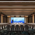 Modern Conference Room Interior With Rows Of Tables White Chair Covers And Large Screen