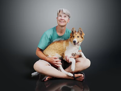 Man With Short Hair Sitting On Floor Holding Brown And White Dog In Green T-shirt 3d model