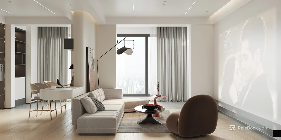 Modern Living And Dining Room With White Sofa Floor Lamp Armchair And City View Window 3d model 