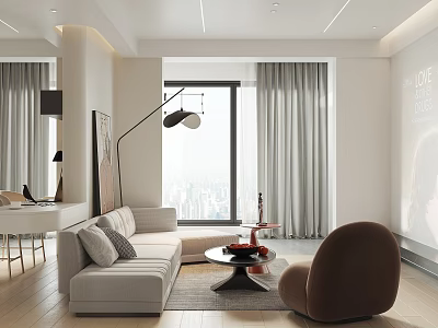 Modern Living And Dining Room With White Sofa Floor Lamp Armchair And City View Window 3d model