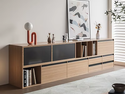 Modern Wooden Entryway Console Cabinet With Glass Doors Drawers Shelves And Decorative Items 3d model