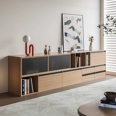 Modern Wooden Entryway Console Cabinet With Glass Doors Drawers Shelves And Decorative Items 3d model