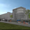 Modern Office Building Glass Facade Design With Green Lawn Trees Bicycles And Pedestrians