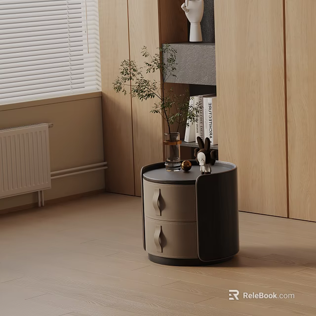 Minimalist Modern Nightstand With Two Drawers Decorative Items And Potted Plant Beside Wooden Cabinetry 3d model 