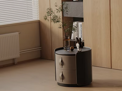Minimalist Modern Nightstand With Two Drawers Decorative Items And Potted Plant Beside Wooden Cabinetry 3d model