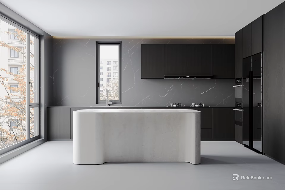 Modern Kitchen Interior with Black Cabinets White Marble Island Gray Walls and Large Windows 3d model 