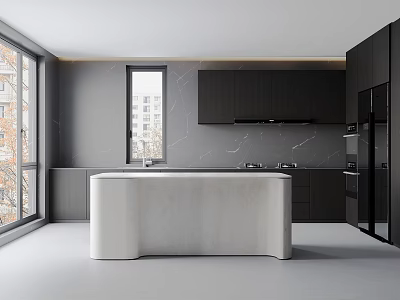 Modern Kitchen Interior with Black Cabinets White Marble Island Gray Walls and Large Windows 3d model