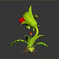 3D Plant Model With Green Leaves Red Berries Claw-like Roots And Small Red Berry Plant Reflection