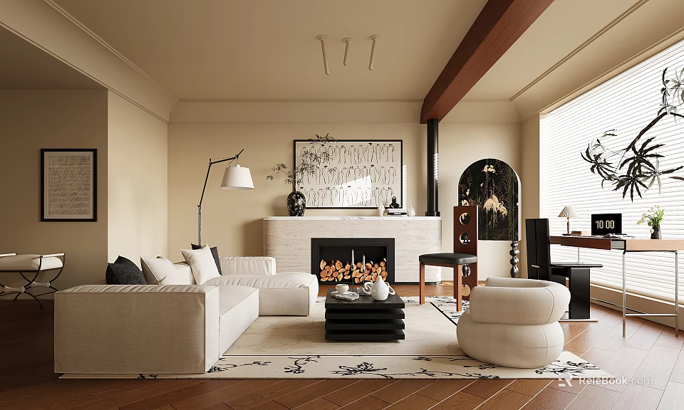 Living Room Interior With Beige Sofa Fireplace Decorative Painting Floor Lamp Round Armchair And Rug 3d model 