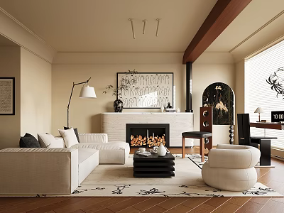 Living Room Interior With Beige Sofa Fireplace Decorative Painting Floor Lamp Round Armchair And Rug 3d model