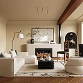 Living Room Interior With Beige Sofa Fireplace Decorative Painting Floor Lamp Round Armchair And Rug