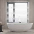 White Freestanding Oval Bathtub in Bathroom with Wooden Walls Window Blinds and Side Table