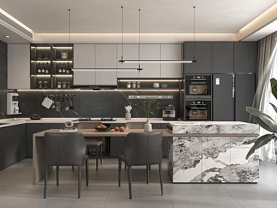 Modern Kitchen Interior With Black Cabinets Marble Island Dining Table Chairs And Hanging Lights 3d model