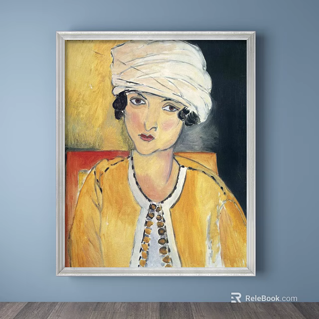 Portrait Painting of Woman with White Turban and Yellow Blouse on Yellow Red Background 3d model 