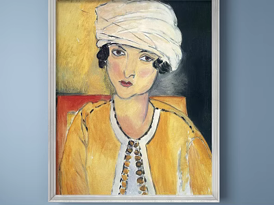 Portrait Painting of Woman with White Turban and Yellow Blouse on Yellow Red Background 3d model