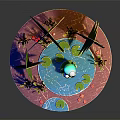 Cartoon Scene With Green Trees Blue Frog And Small Pond On Pink Ground