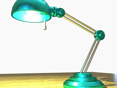 Green Desk Lamp With Adjustable Metal Arm On Wooden Table Surface Illuminated 3d model