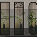 Modern Black Frame Glass Room Dividers With Arched Oval Design And Indoor Plants
