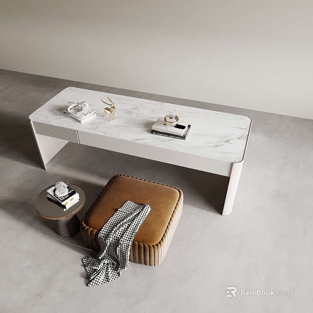 Modern White Marble Top Coffee Table With Sculpture Tray Brown Ottoman And Plaid Blanket 3d model 