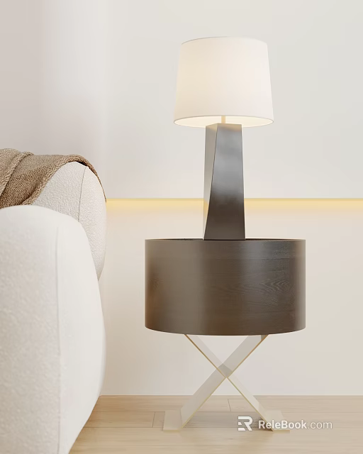 Elegant Table Lamp With White Lampshade Metal Base On Dark Wooden Nightstand In Modern Interior 3d model 