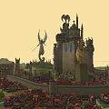 Cartoon Fantasy Scene With Castle Winged Statue Small Town River And Green Trees