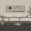 Beige Multi Person Sofa With Plush Cushions Oriental Wall Art Dried Pampas Grass And Books