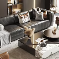Modern Sofa and Coffee Table Set With Leather Upholstery Brown Accent Chairs and Artwork