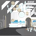 Kindergarten Interior with Hanging Lanterns Wavy Blue Decorative Wall White Sofa Bookshelves and Toys