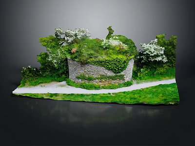 Natural Terrain Model Featuring Green Grass Stone Wall Vines Winding Path And Trees 3d model
